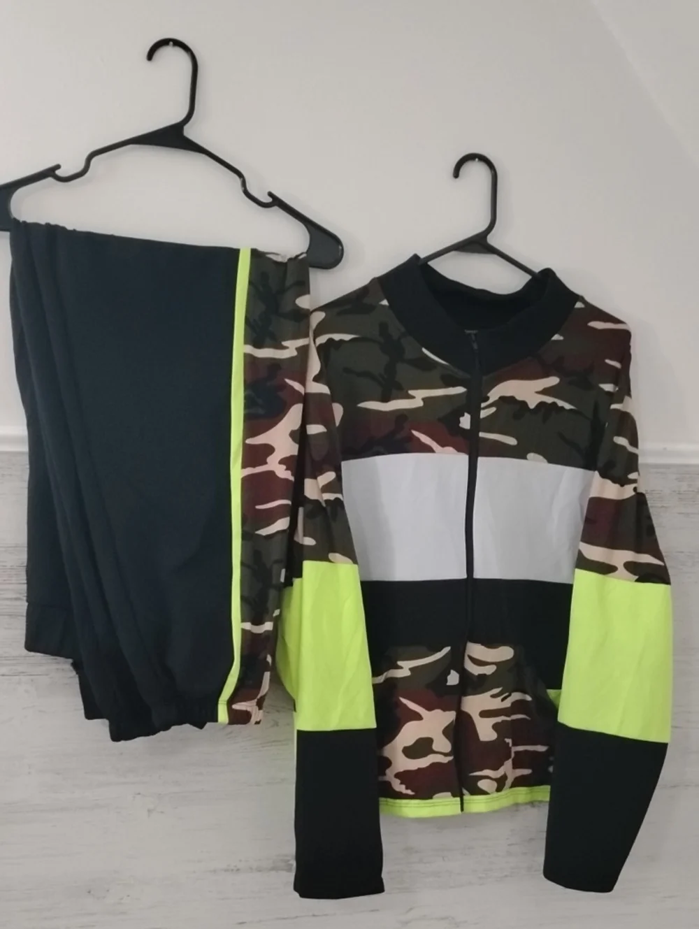 Ashley Stewart Camouflage Track Jacket & Matching Pants with Neon Yellow Accents
